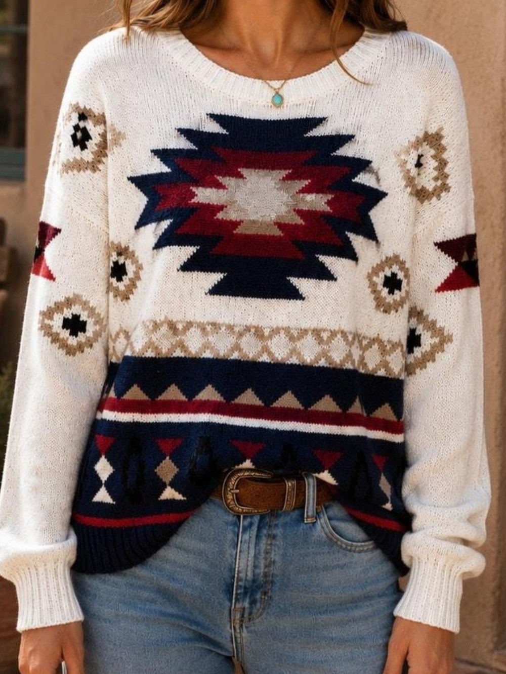 American Eagle Outfitters Cream Aztec Crewneck Sweater with Navy & Burgundy